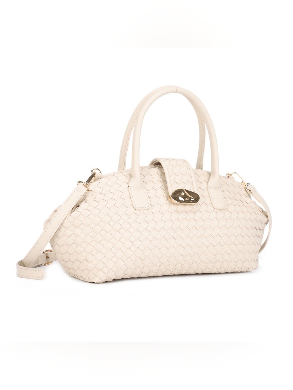 Luxurious Cream Woven Vegan Leather Satchel Bag